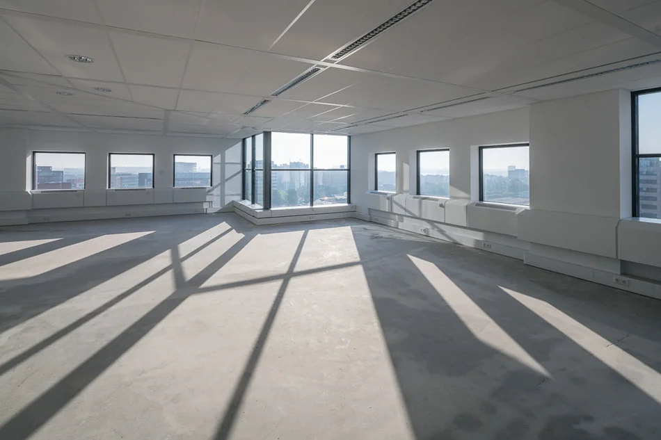 Leeg kantoorpand in Rivium Quadrant met grote ramen en betonnen vloer in ochtendlicht.